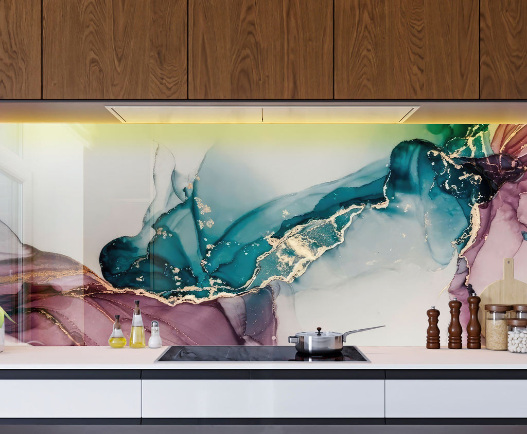 Teal & Rose Marble Fusion - Glass Kitchen Backsplash-BacksplashArtworks