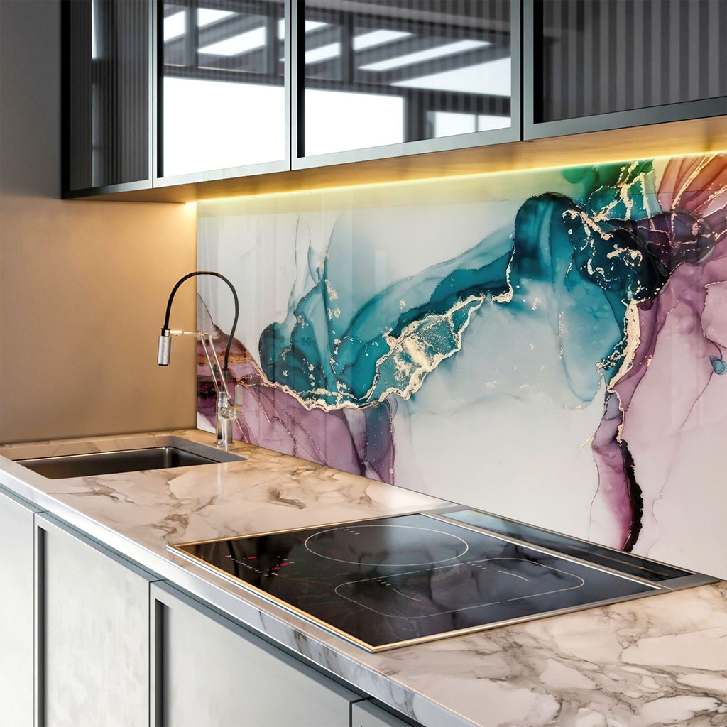 Teal & Rose Marble Fusion - Glass Kitchen Backsplash-BacksplashArtworks