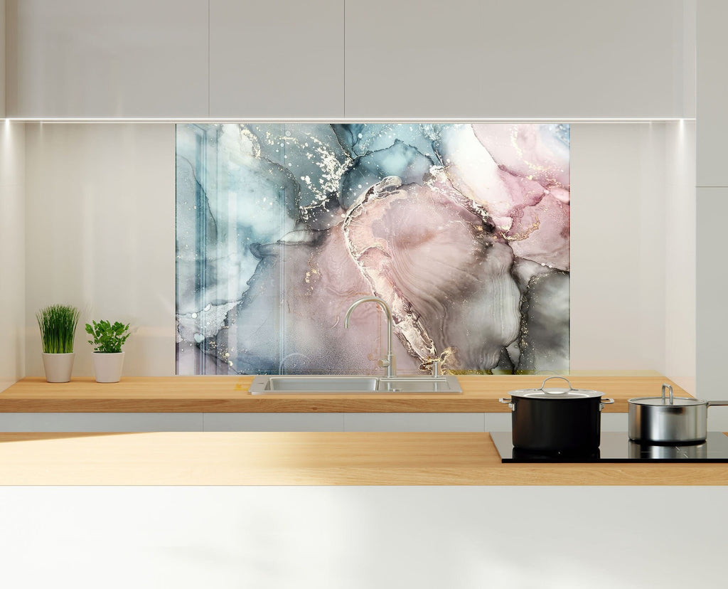 Rose Quartz & Teal Marble - Glass Kitchen Backsplash-BacksplashArtworks