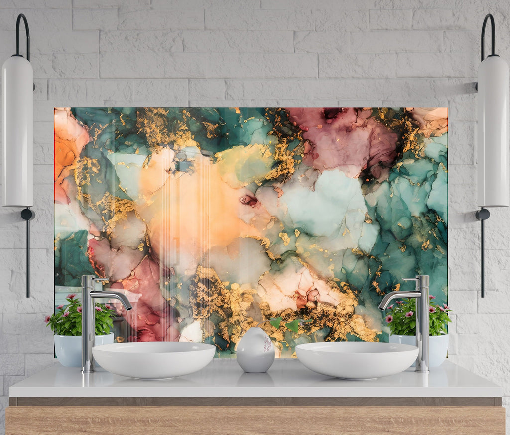Abstract Gold & Teal Marble - Glass Kitchen Backsplash-BacksplashArtworks