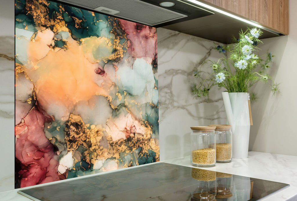 Abstract Gold & Teal Marble - Glass Kitchen Backsplash-BacksplashArtworks