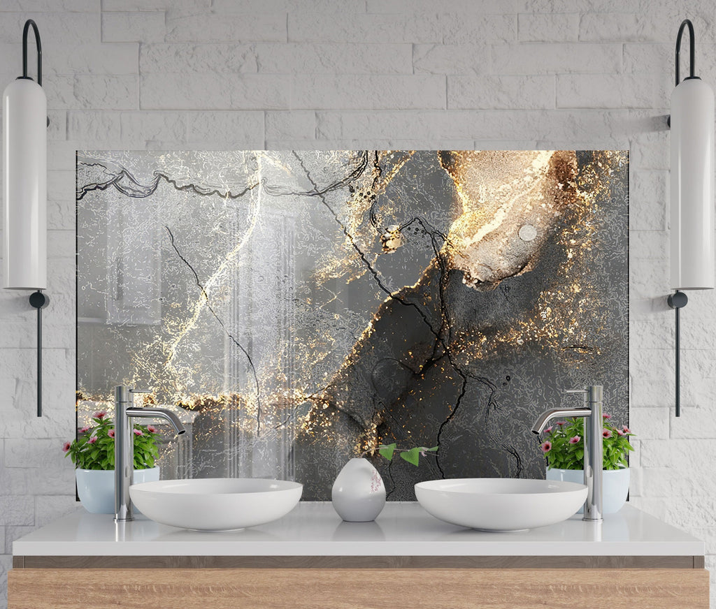 Black & Gold Marble Elegance - Glass Kitchen Backsplash-BacksplashArtworks