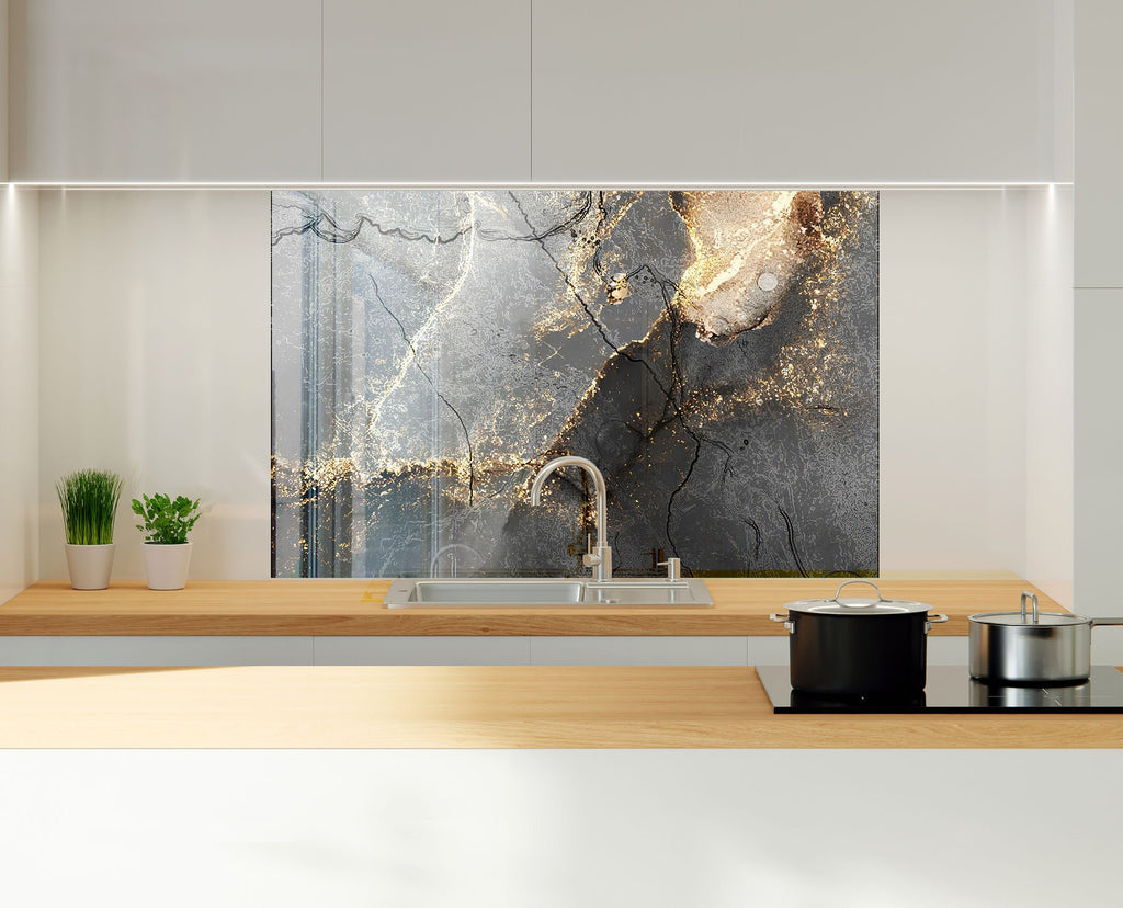 Black & Gold Marble Elegance - Glass Kitchen Backsplash-BacksplashArtworks
