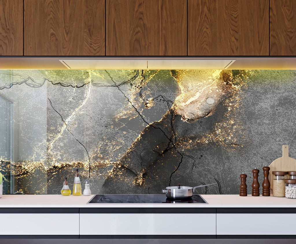 Black & Gold Marble Elegance - Glass Kitchen Backsplash-BacksplashArtworks