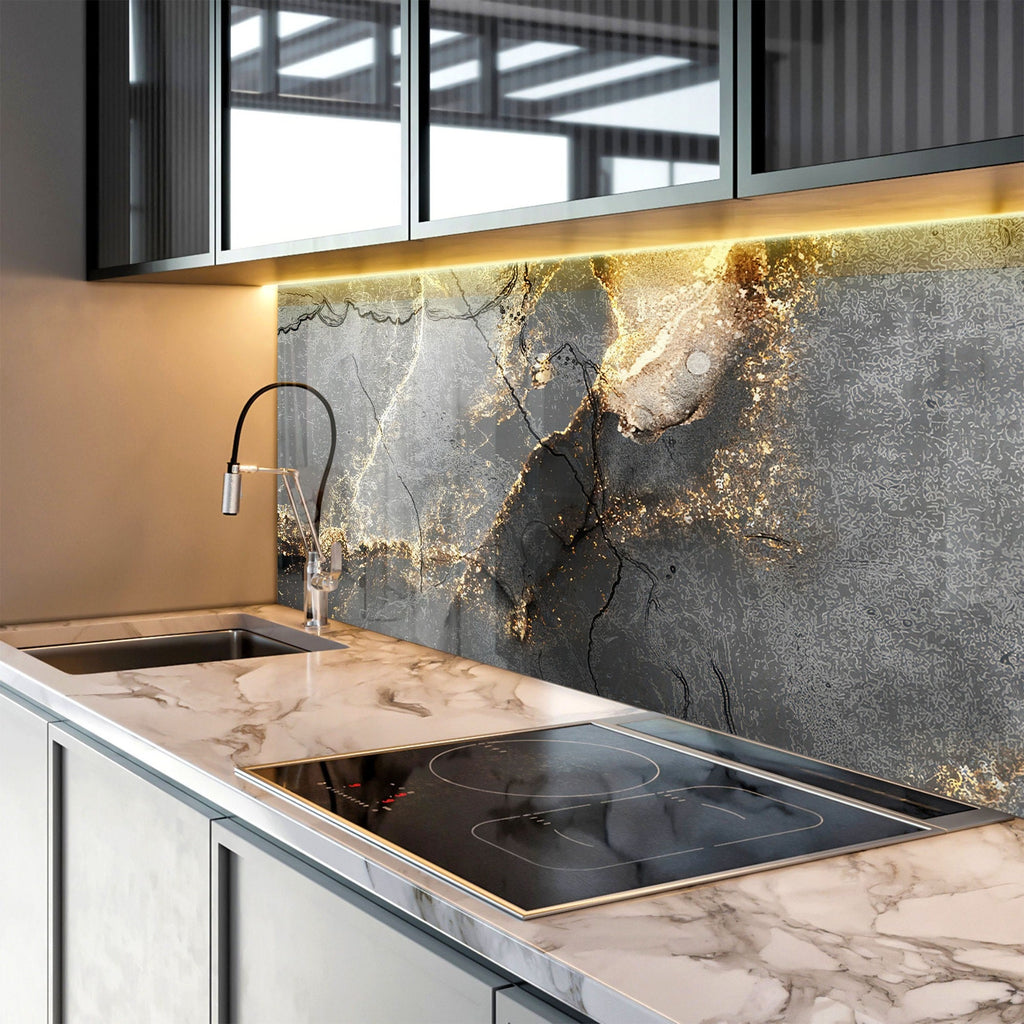 Black & Gold Marble Elegance - Glass Kitchen Backsplash-BacksplashArtworks
