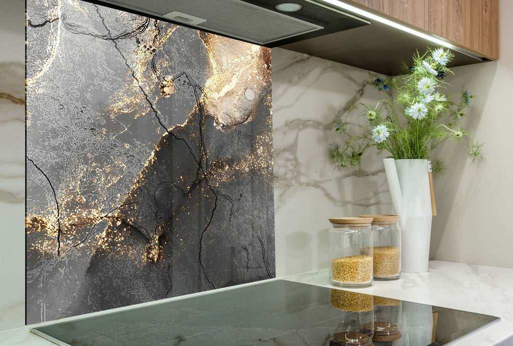 Black & Gold Marble Elegance - Glass Kitchen Backsplash-BacksplashArtworks