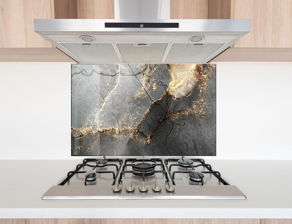 Black & Gold Marble Elegance - Glass Kitchen Backsplash-BacksplashArtworks