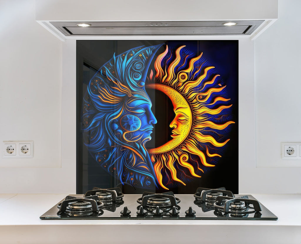 Moon & Sun Face Glass Kitchen Backsplash – Celestial Art Design-BacksplashArtworks