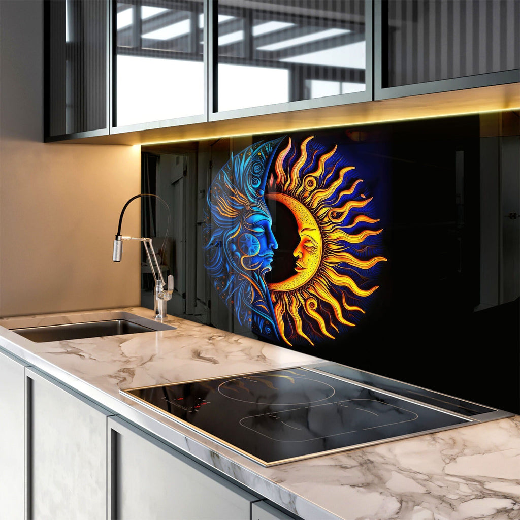 Moon & Sun Face Glass Kitchen Backsplash – Celestial Art Design-BacksplashArtworks