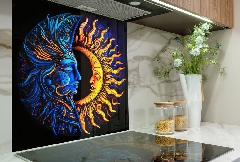 Moon & Sun Face Glass Kitchen Backsplash – Celestial Art Design-BacksplashArtworks