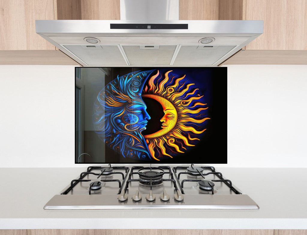 Moon & Sun Face Glass Kitchen Backsplash – Celestial Art Design-BacksplashArtworks