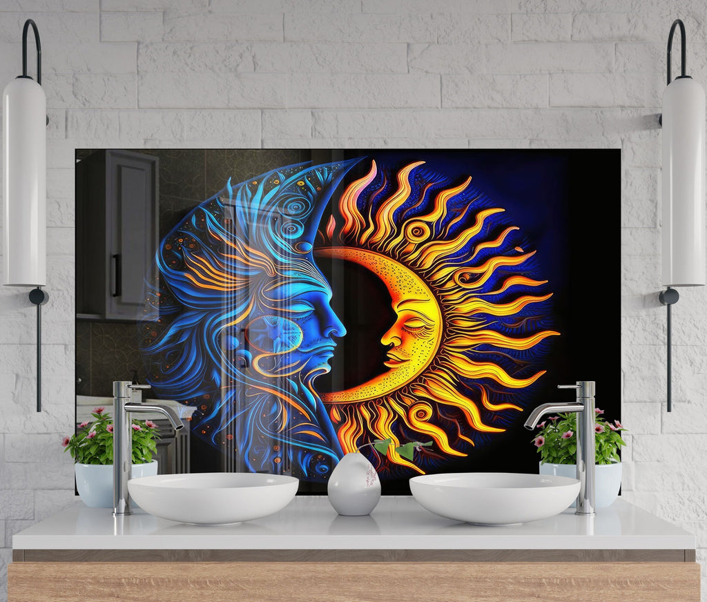 Moon & Sun Face Glass Kitchen Backsplash – Celestial Art Design-BacksplashArtworks