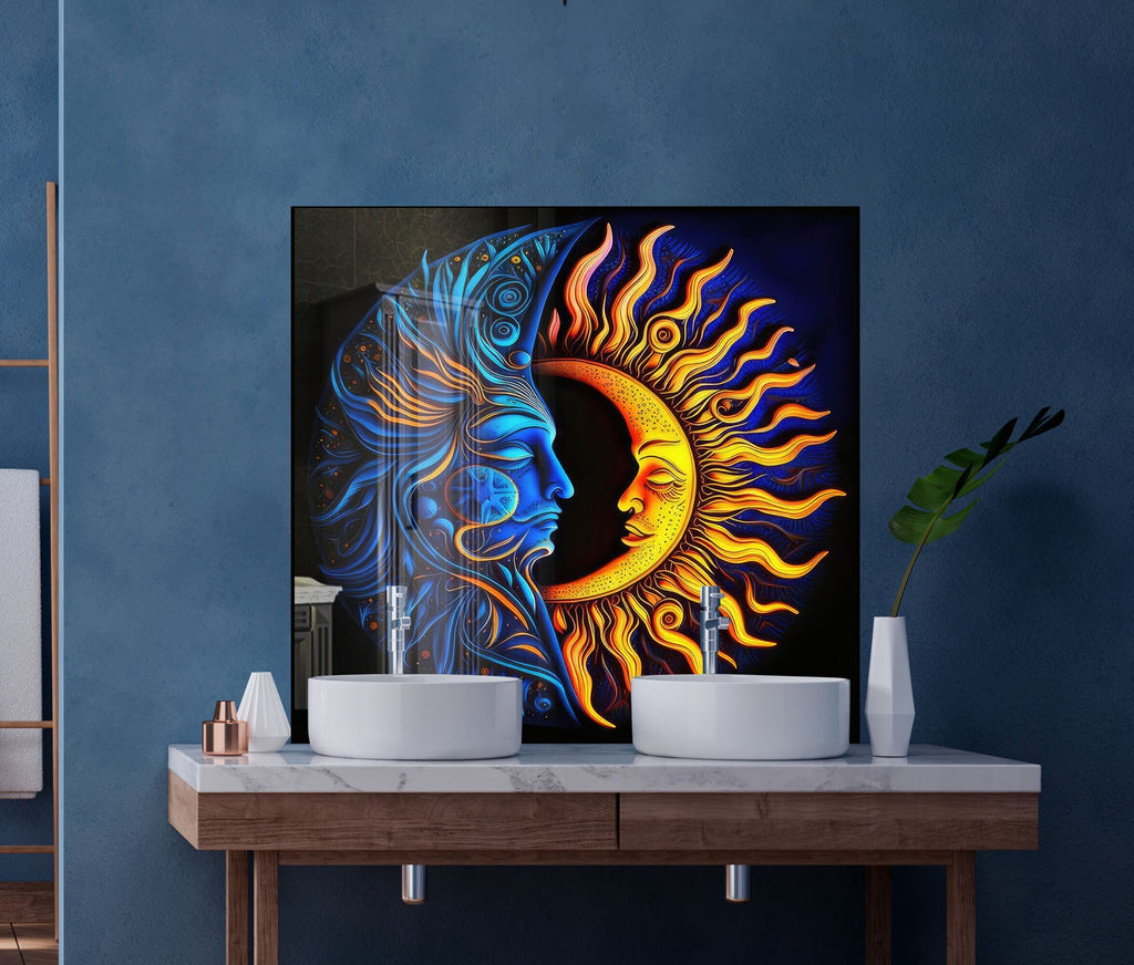 Moon & Sun Face Glass Kitchen Backsplash – Celestial Art Design-BacksplashArtworks