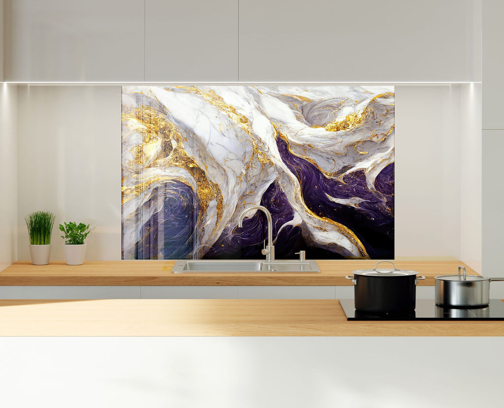 Purple & Gold Marble Waves - Glass Kitchen Backsplash-BacksplashArtworks