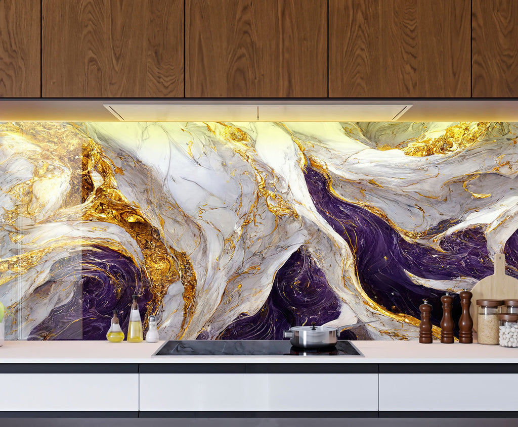 Purple & Gold Marble Waves - Glass Kitchen Backsplash-BacksplashArtworks