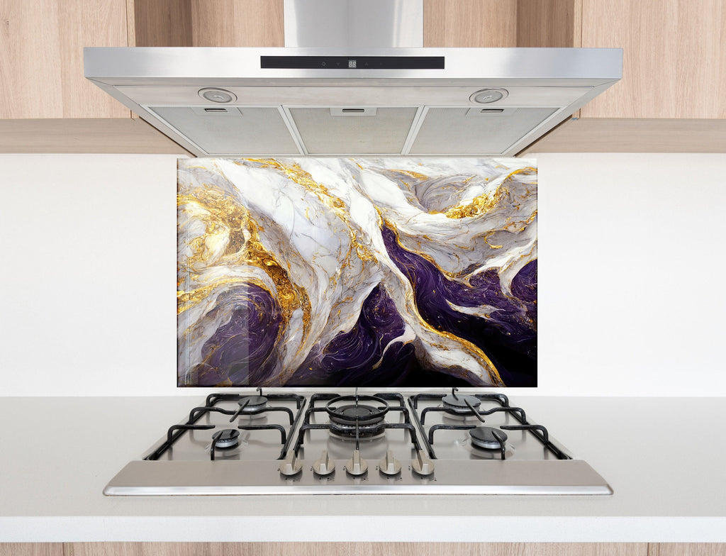 Purple & Gold Marble Waves - Glass Kitchen Backsplash-BacksplashArtworks