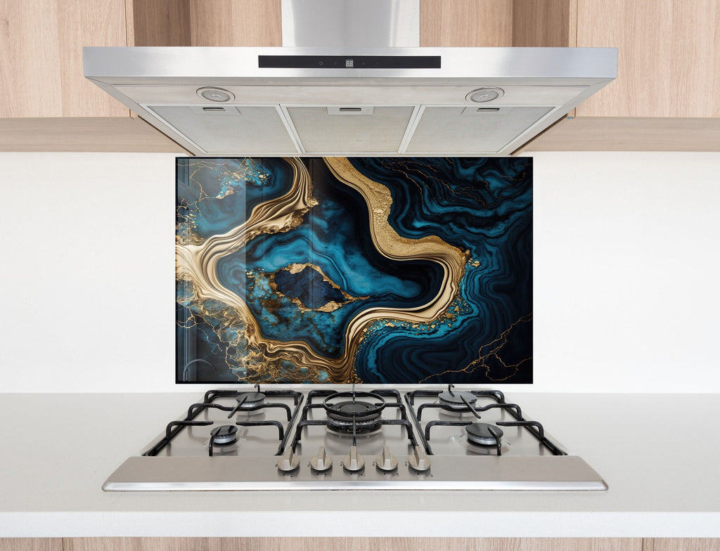 Blue & Gold Agate - Glass Kitchen Backsplash-BacksplashArtworks