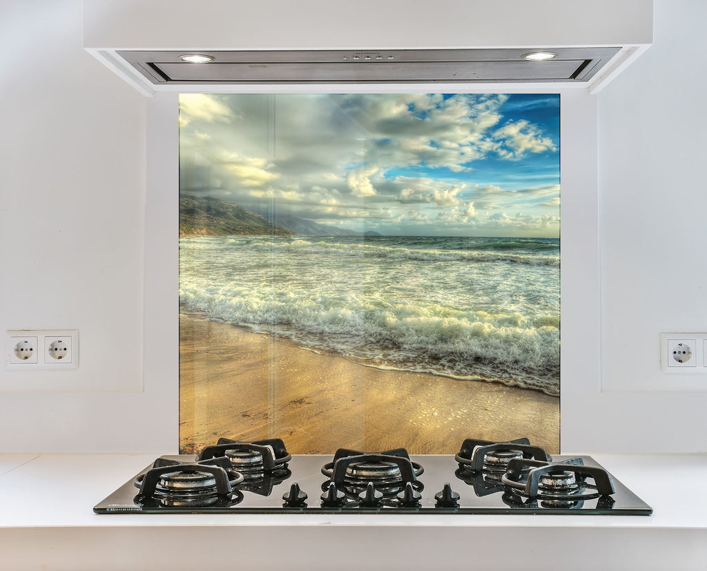 Golden Beach Waves - Tempered Glass Kitchen Backsplash-BacksplashArtworks