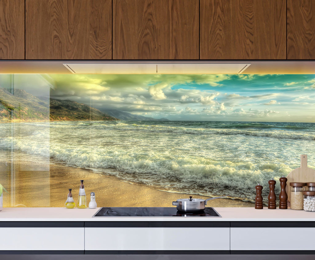Golden Beach Waves - Tempered Glass Kitchen Backsplash-BacksplashArtworks
