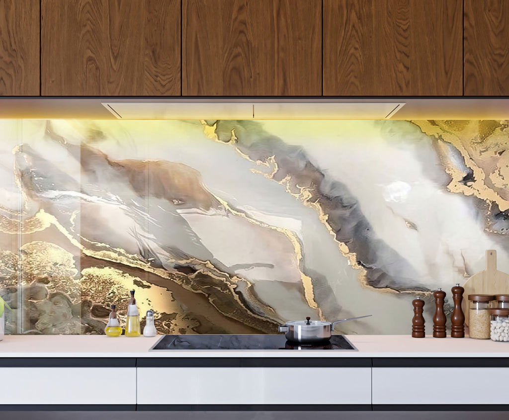 Gold & White Marble Flow - Glass Kitchen Backsplash-BacksplashArtworks