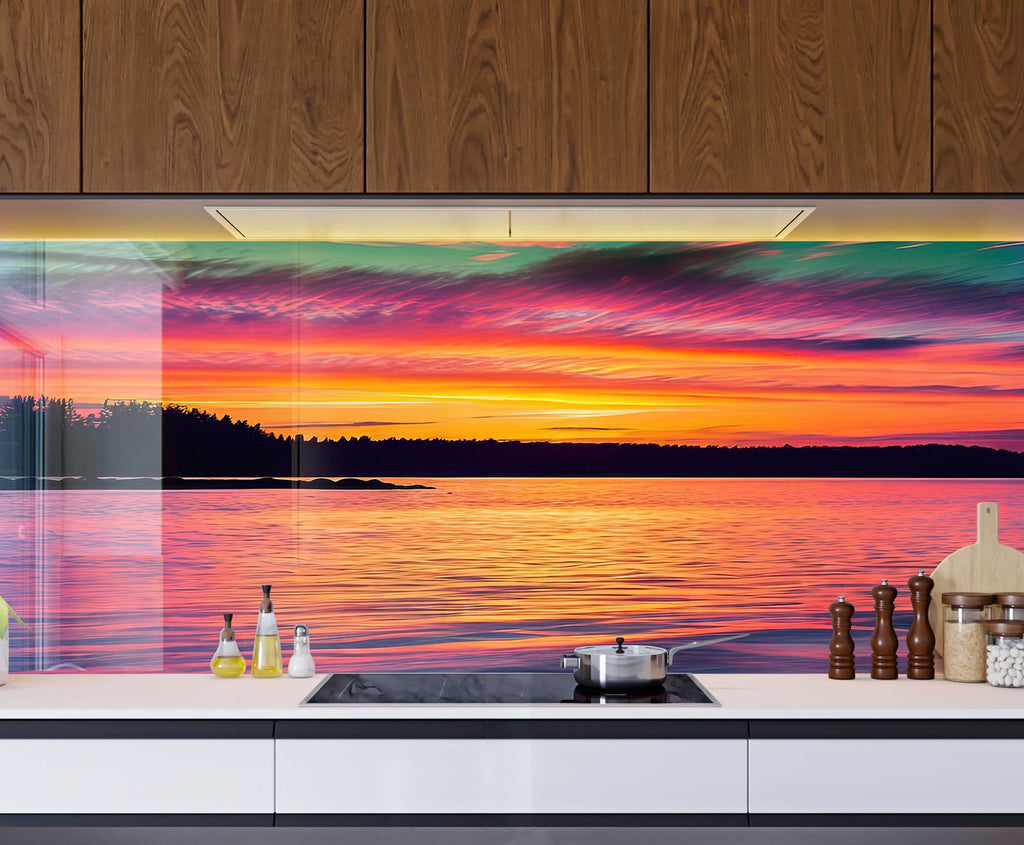 Sunset Over Tranquil Lake - Tempered Glass Kitchen Backsplash-BacksplashArtworks