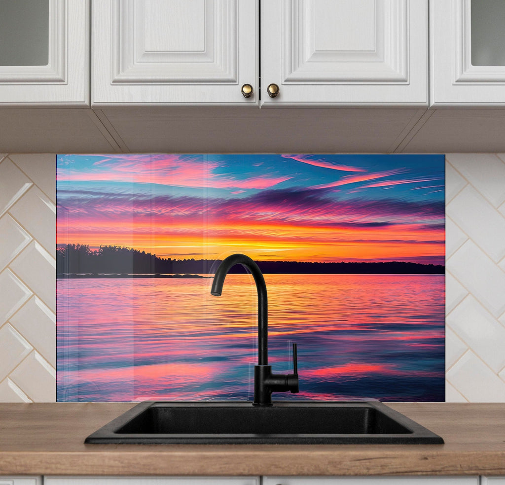 Sunset Over Tranquil Lake - Tempered Glass Kitchen Backsplash-BacksplashArtworks