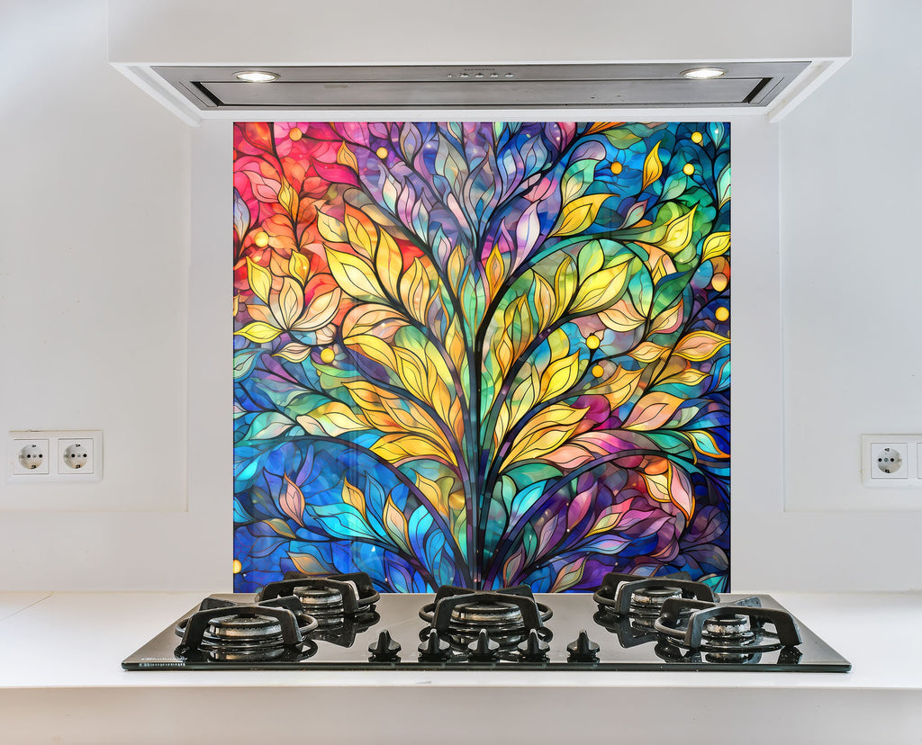 Vibrant Stained Tree - Glass Kitchen Backsplash-BacksplashArtworks