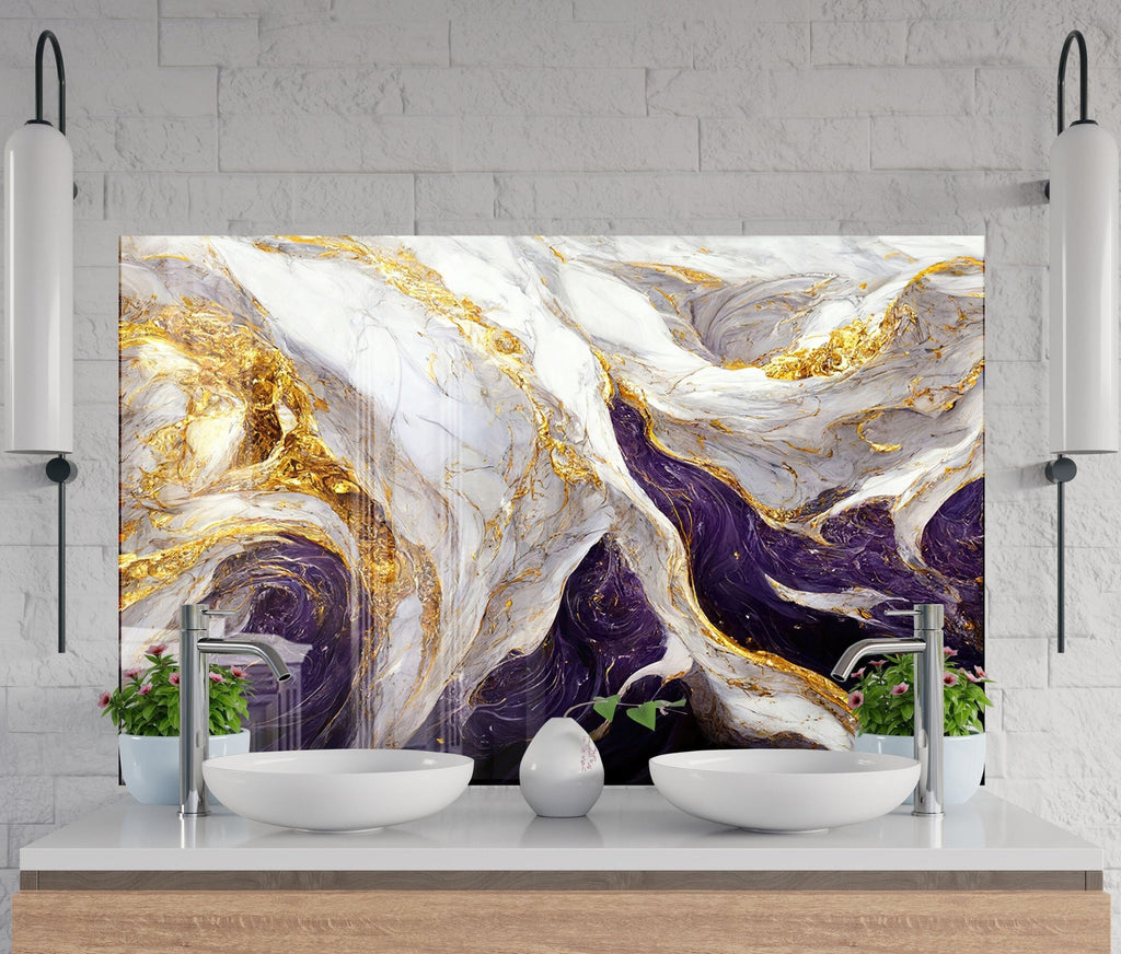 Purple & Gold Marble Waves - Glass Kitchen Backsplash-BacksplashArtworks