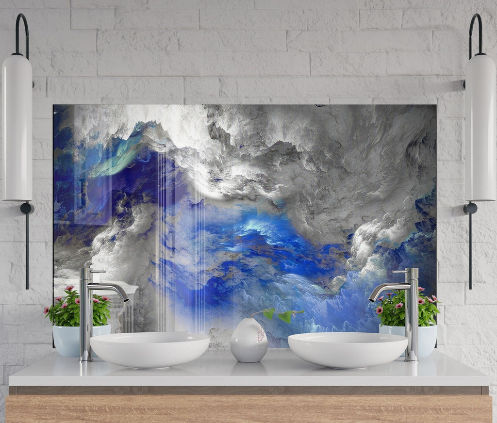 Blue & Gray Marble Swirl - Glass Kitchen Backsplash-BacksplashArtworks
