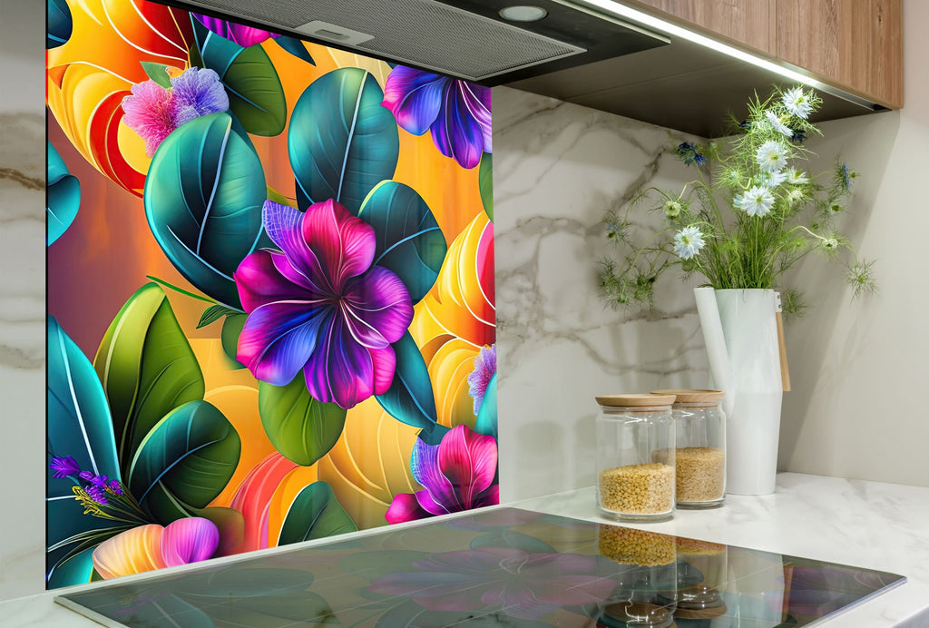 Tropical Bloom Fiesta - Glass Kitchen Backsplash-BacksplashArtworks