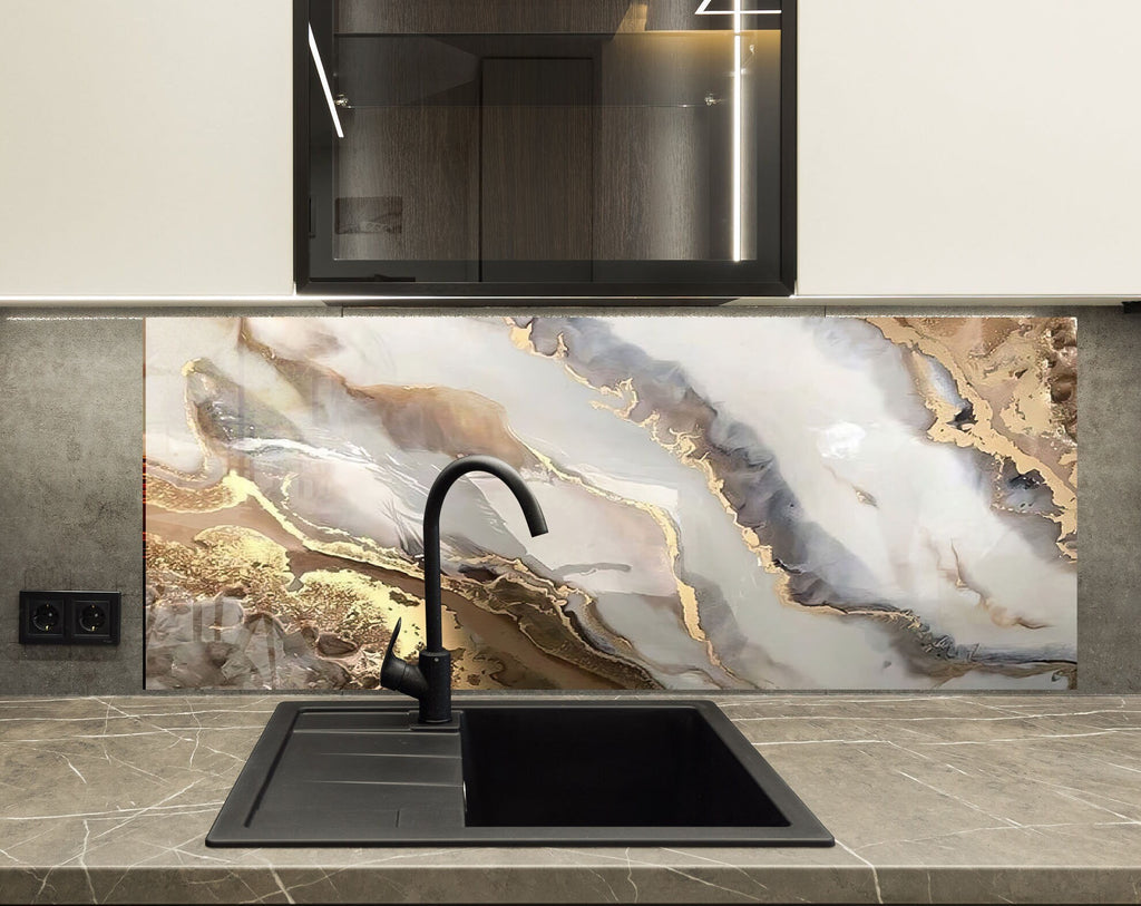 Gold & White Marble Flow - Glass Kitchen Backsplash-BacksplashArtworks
