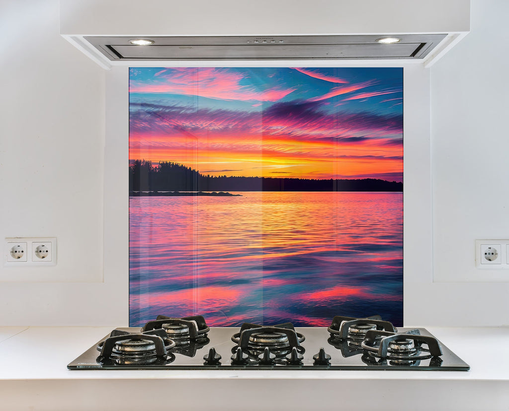 Sunset Over Tranquil Lake - Tempered Glass Kitchen Backsplash-BacksplashArtworks