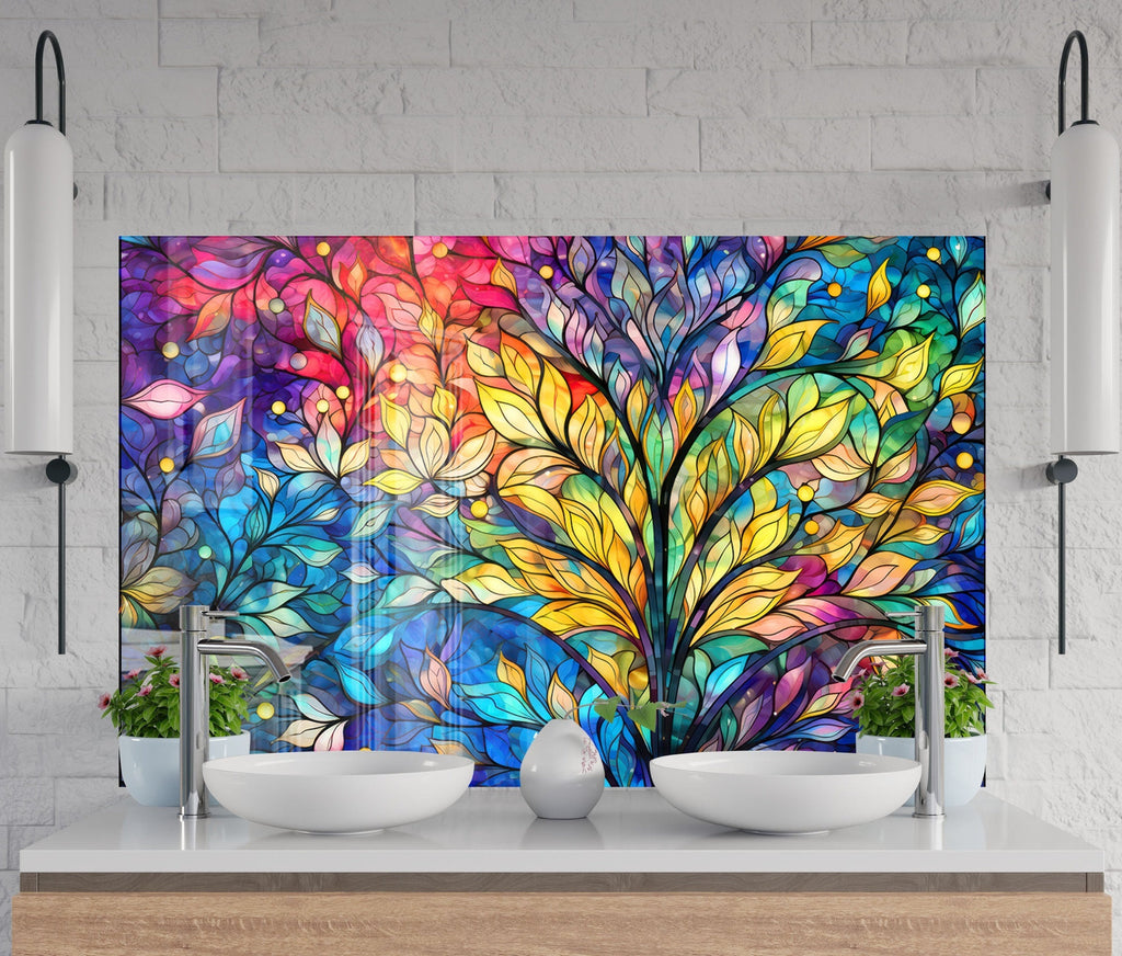 Vibrant Stained Tree - Glass Kitchen Backsplash-BacksplashArtworks