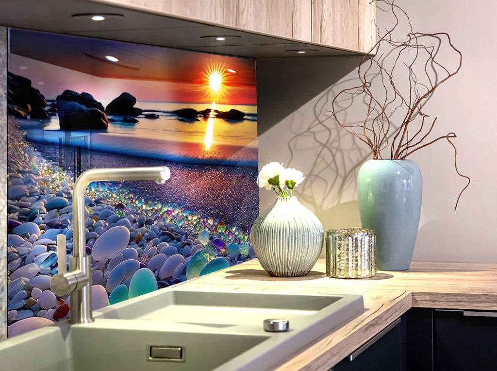 Glass Pebble Beach Sunset – Glass Kitchen Backsplash-BacksplashArtworks