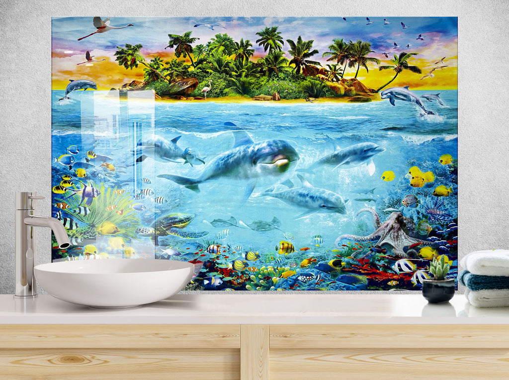 Vibrant Ocean Life Glass Kitchen Backsplash – Dolphins in Paradise Design-BacksplashArtworks