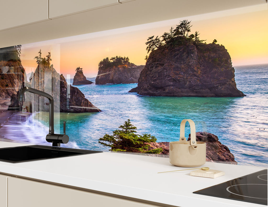 Rocky Coastal Sunset View Wall Art – Glass Backsplash-BacksplashArtworks