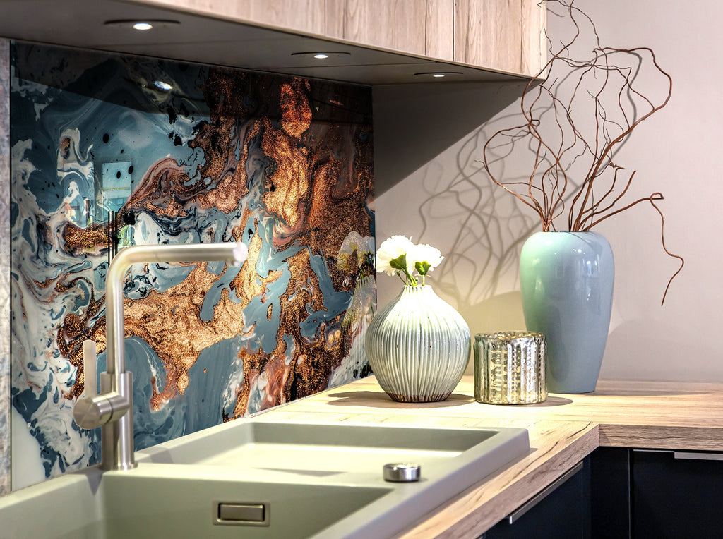 Golden Marble Flow – Glass Kitchen Backsplash-BacksplashArtworks