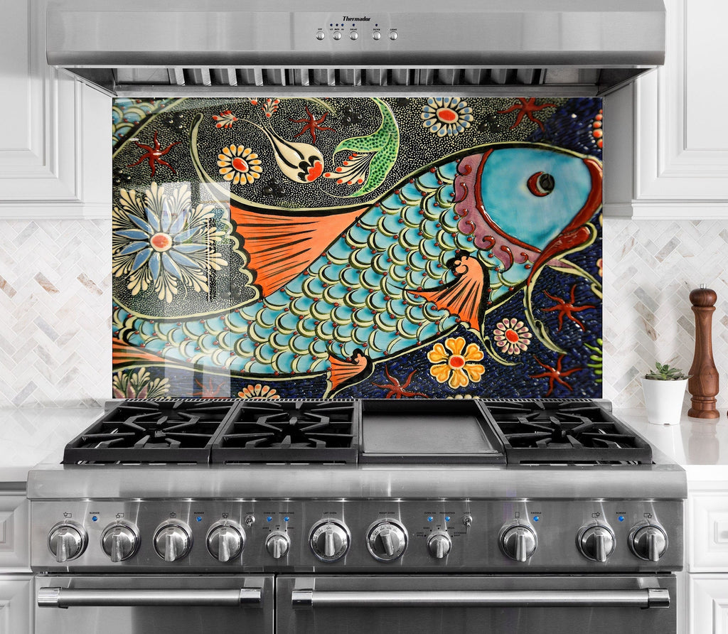 Mosaic Glass Kitchen Backsplash with Colorful Fish Design - Artistic and Vibrant-BacksplashArtworks
