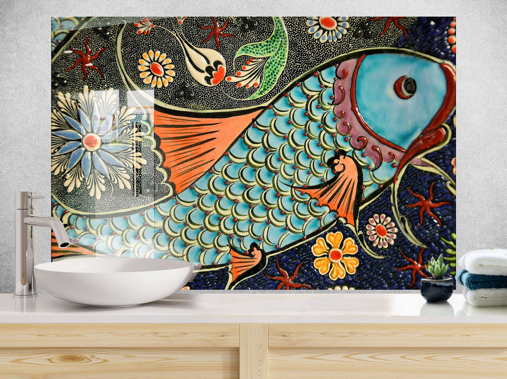 Mosaic Glass Kitchen Backsplash with Colorful Fish Design - Artistic and Vibrant-BacksplashArtworks