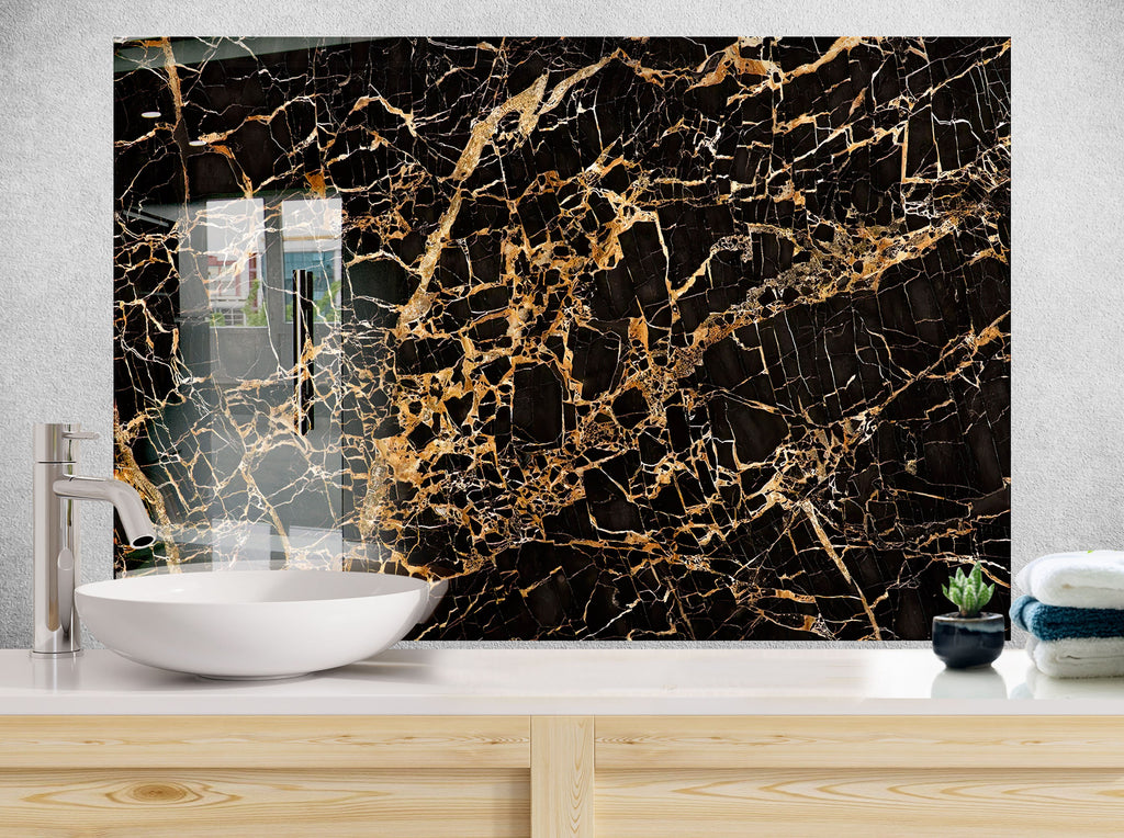 Luxurious Black Marble with Gold Veining - Glass Kitchen Backsplash-BacksplashArtworks