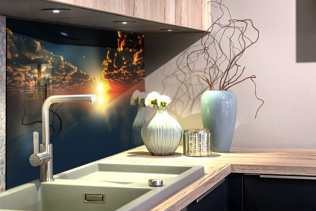 Golden Sunset Over Ocean – Glass Kitchen Backsplash-BacksplashArtworks