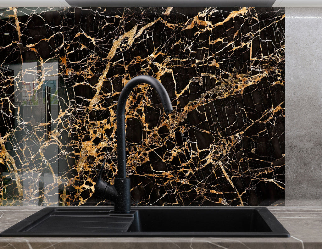 Luxurious Black Marble with Gold Veining - Glass Kitchen Backsplash-BacksplashArtworks