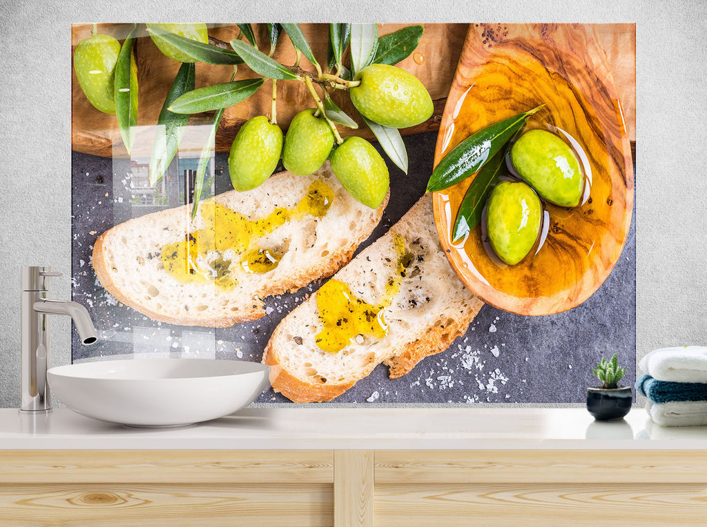 Olive Oil Glass Kitchen Backsplash – Fresh Olive & Bread Design-BacksplashArtworks