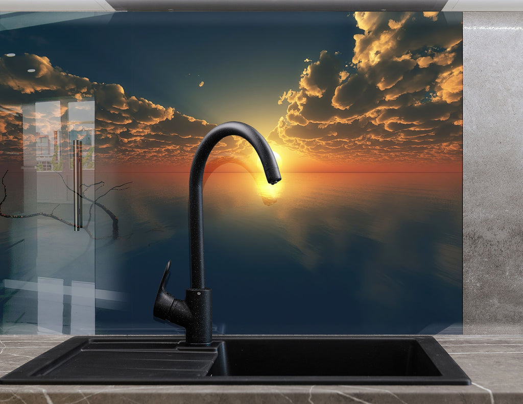 Golden Sunset Over Ocean – Glass Kitchen Backsplash-BacksplashArtworks