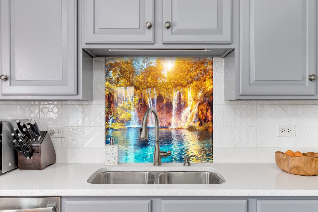 Golden Waterfall Paradise - Glass Kitchen Backsplash-BacksplashArtworks