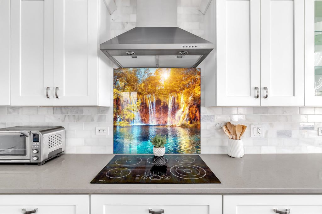 Golden Waterfall Paradise - Glass Kitchen Backsplash-BacksplashArtworks