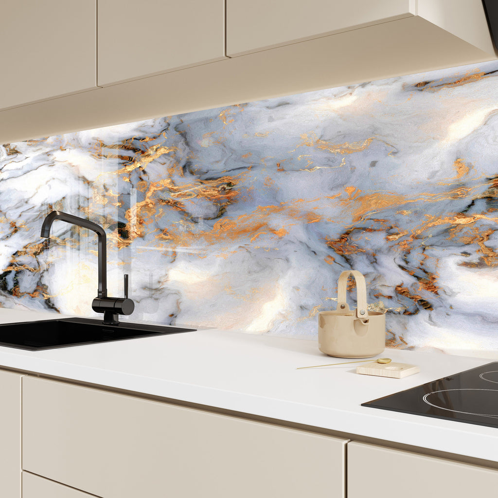 Gold & White Marble Vein - Glass Bathroom Backsplash-BacksplashArtworks