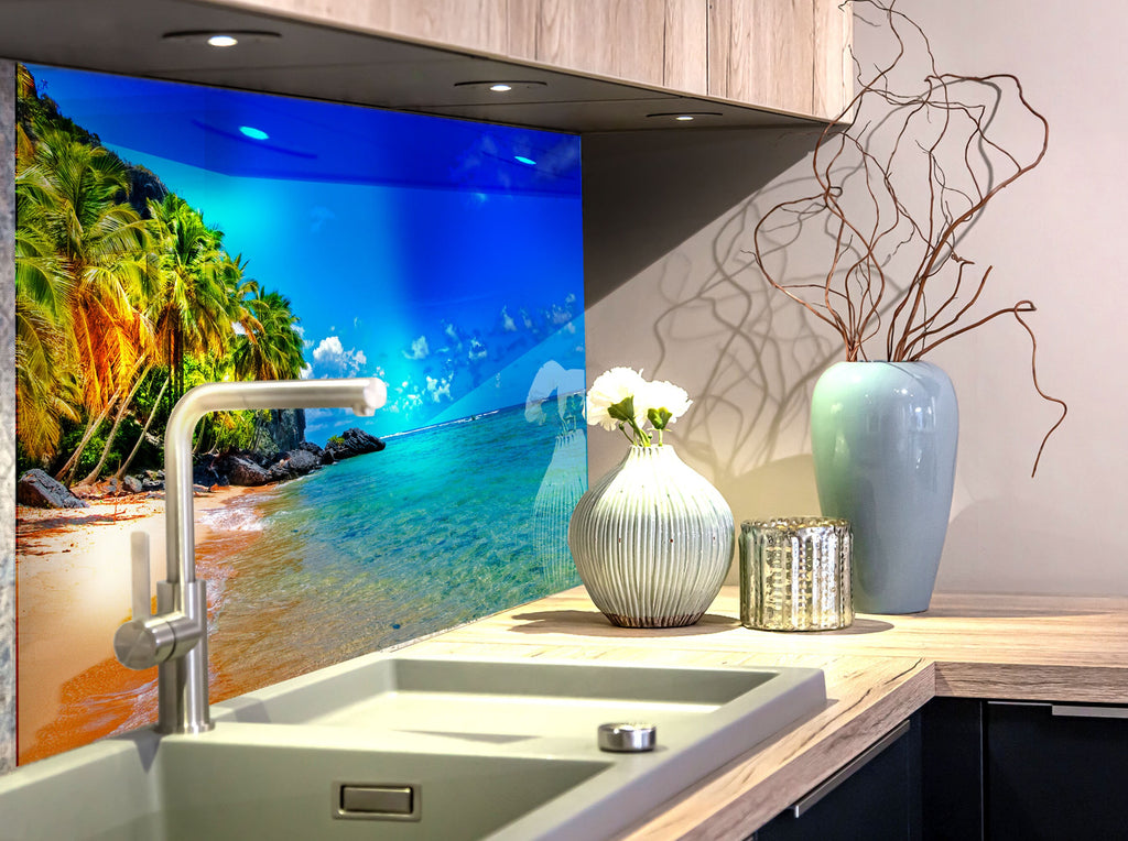 Tropical Paradise Beach – Glass Kitchen Backsplash-BacksplashArtworks