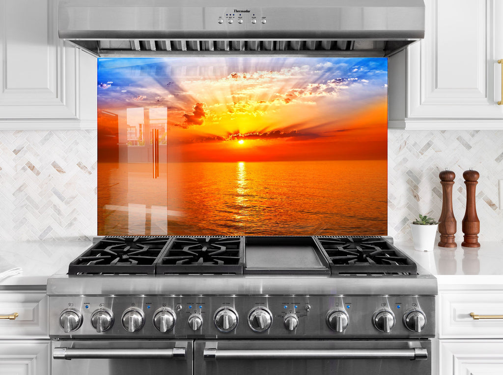 Golden Ocean Sunset Landscape – Glass Kitchen Backsplash-BacksplashArtworks