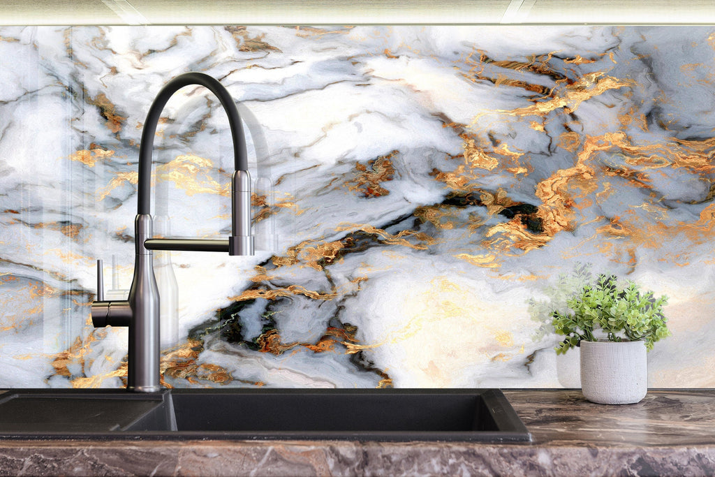 Gold & White Marble Vein - Glass Bathroom Backsplash-BacksplashArtworks